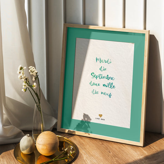 Affiche date calligraphiée aquarelle - personnalisée