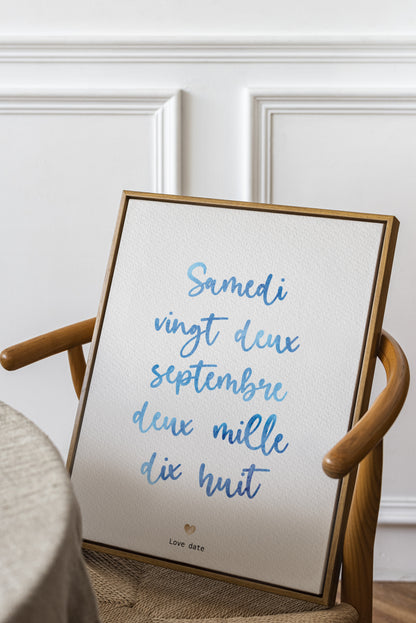 Affiche date calligraphiée aquarelle - personnalisée