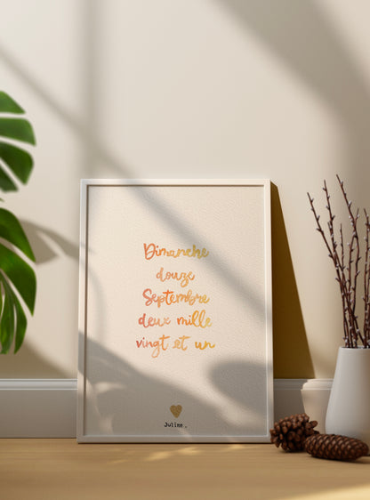 Affiche date calligraphiée aquarelle - personnalisée