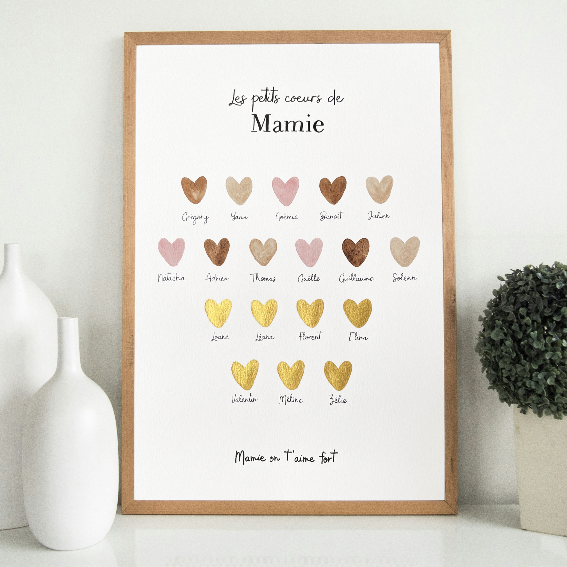 Affiche Peinte à l’aquarelle représentant Sous forme de cœur les enfants et les petits enfants d’une Mamie