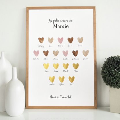 Affiche Peinte à l’aquarelle représentant Sous forme de cœur les enfants et les petits enfants d’une Mamie