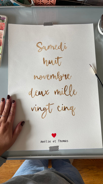 Affiche date calligraphiée aquarelle - personnalisée
