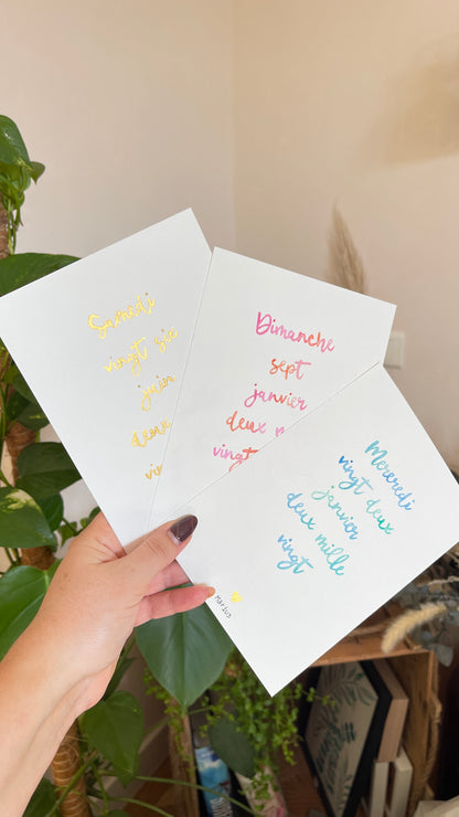 Affiche date calligraphiée aquarelle - personnalisée