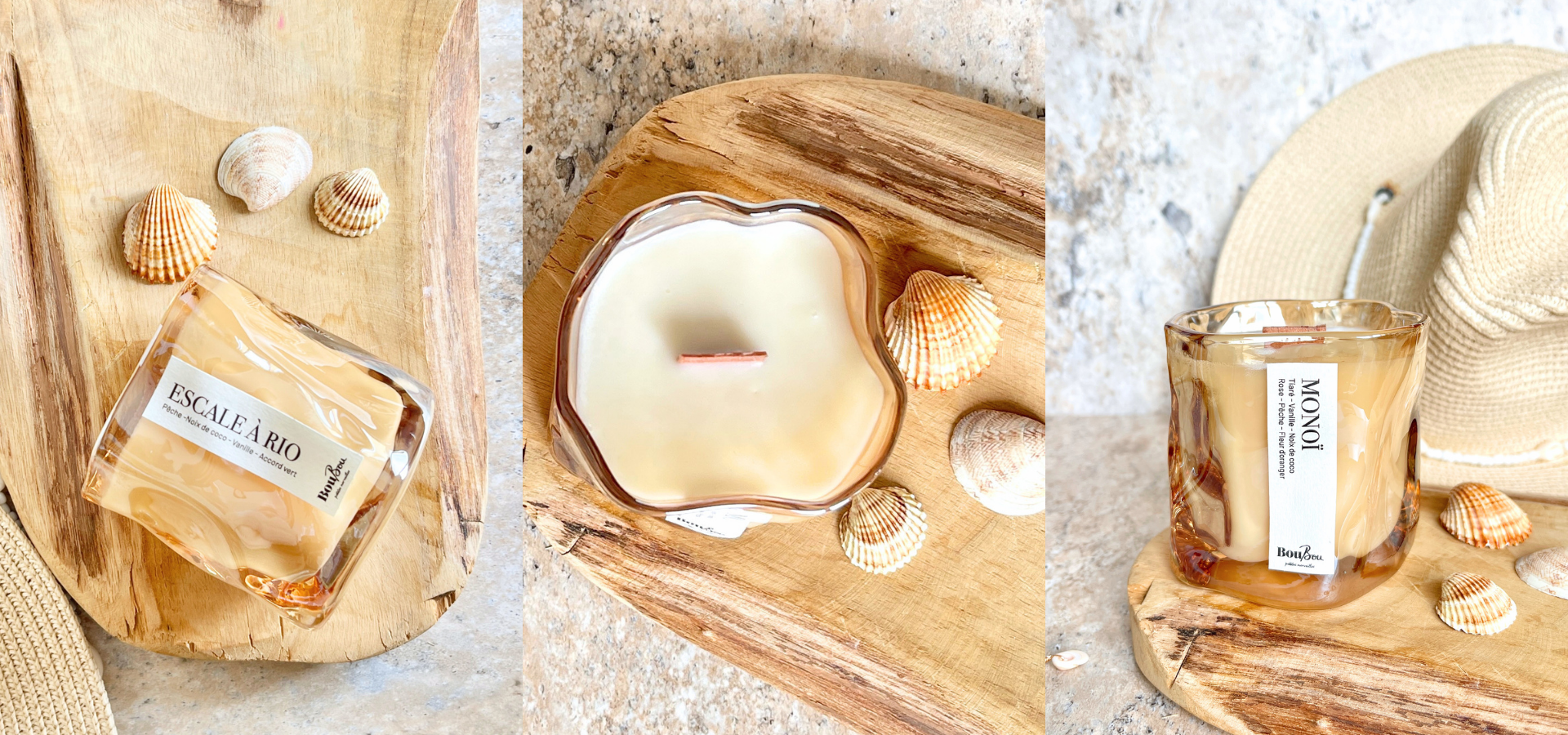 2 bougies design dans un verre ambr asymetrique a la meche en bois dans un décor de plage