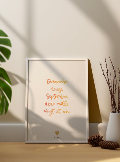 Affiche date calligraphiée aquarelle - personnalisée